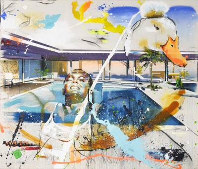 Martin Krajc (CZ) – La Piscina (Swimming Pool) II | 2023 | akryl, olejový pastel, uhol na plátne | 240 x 260 cm